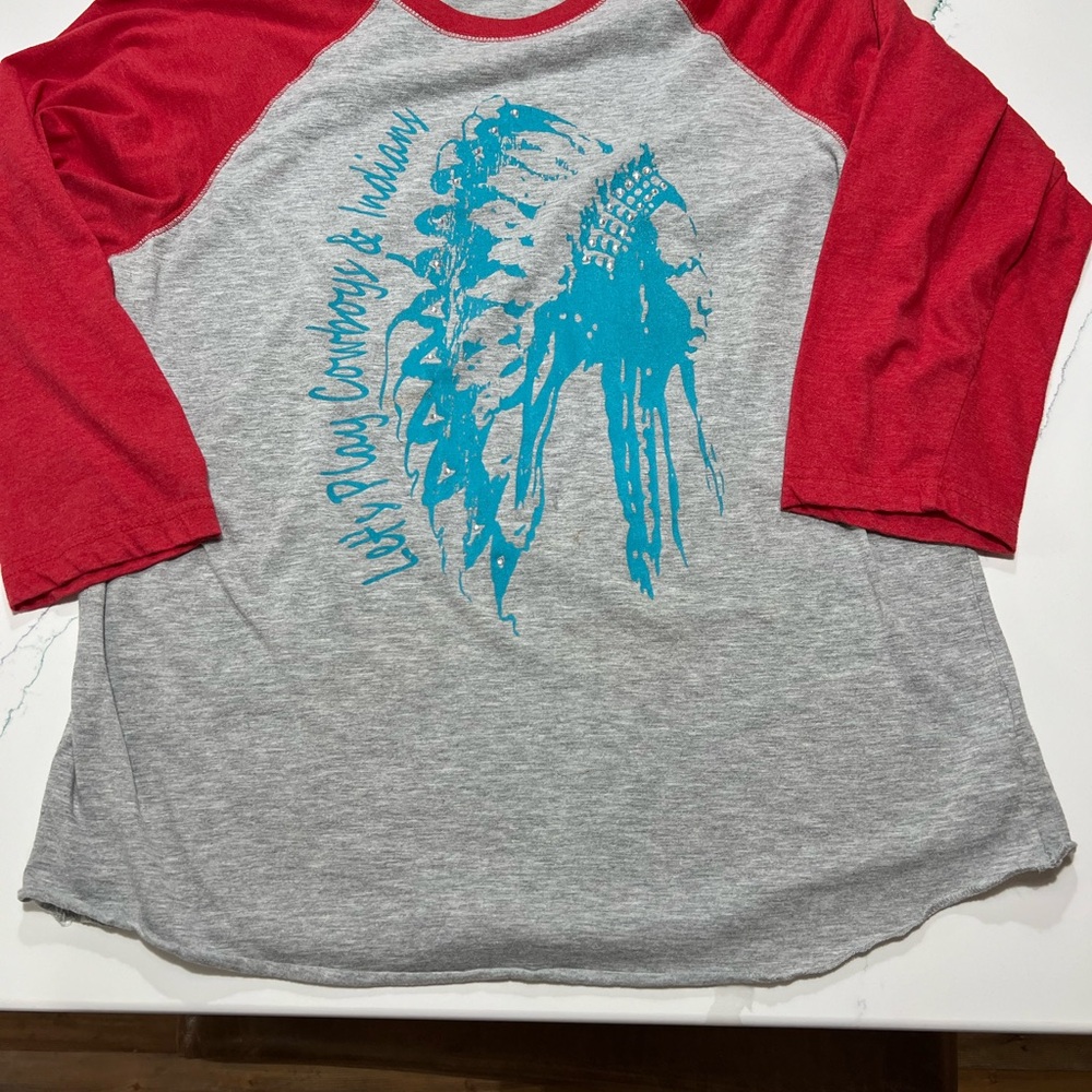 “Let’s Play Cowboys & Indians” Red and Gray Tee with Turquoise Graphic